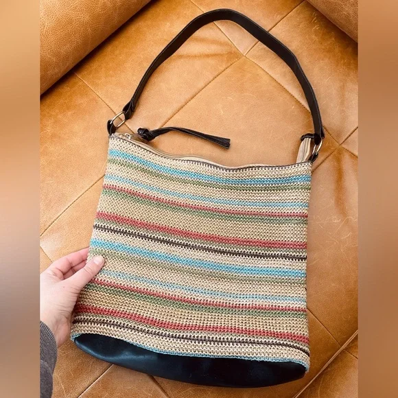 Wicker bag shoulder - multicoloured stripes - lined - Picture 4 of 6